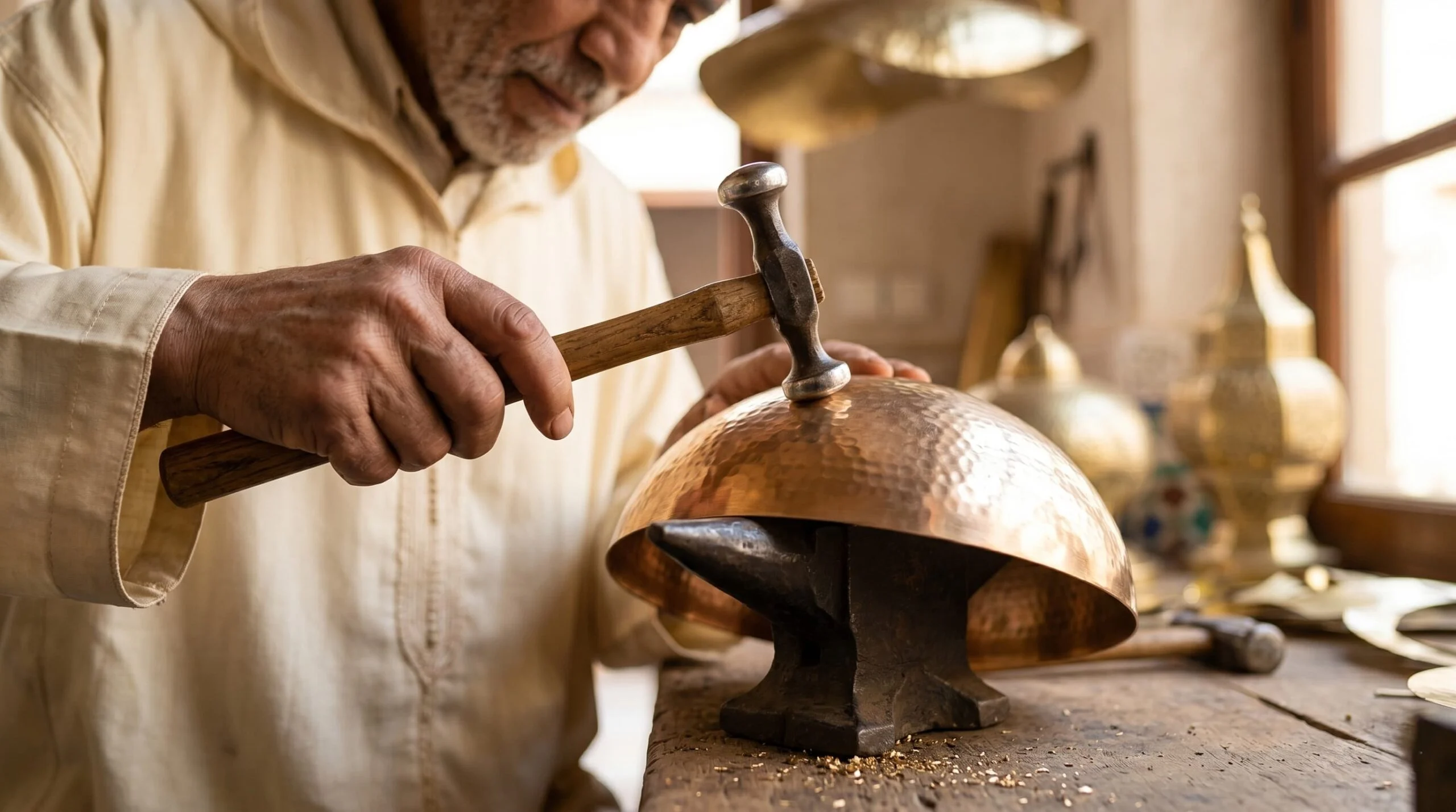 Moroccan artisan hammering a traditional copper object