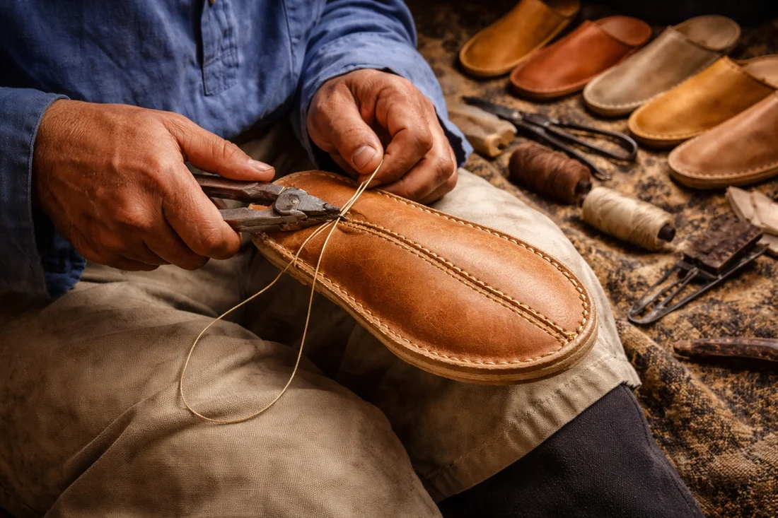 Moroccan artisan hand stitching genuine leather