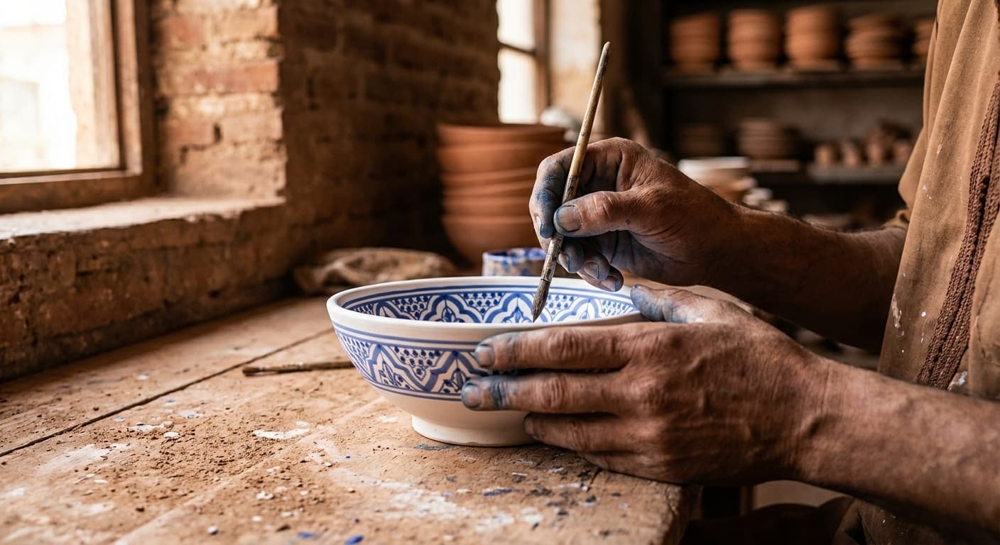Moroccan artisan shaping traditional pottery by hand